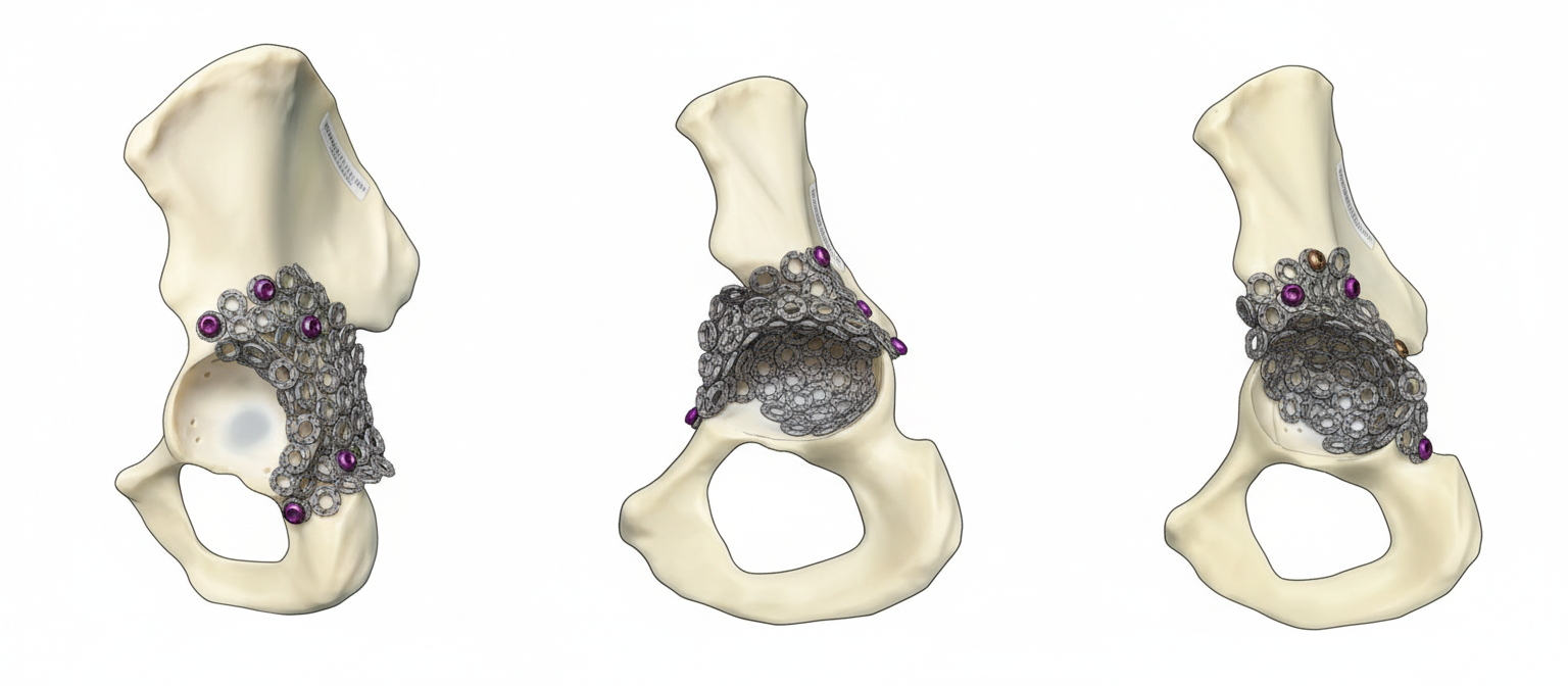 OrthoClay flexible titanium mesh implanted on acetabular bone with screw fixation